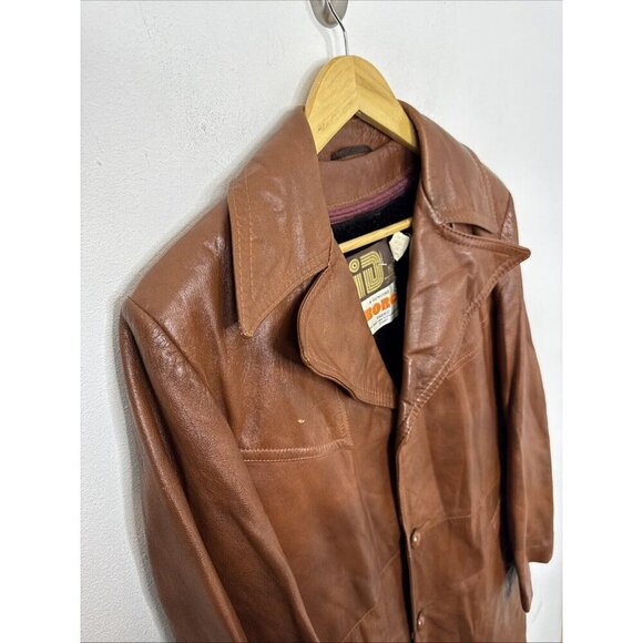 Vintage Rice Sports Wear 70s Coat Men 38 S Brown Leather Hipster Mod Disco Borg - Picture 2 of 9